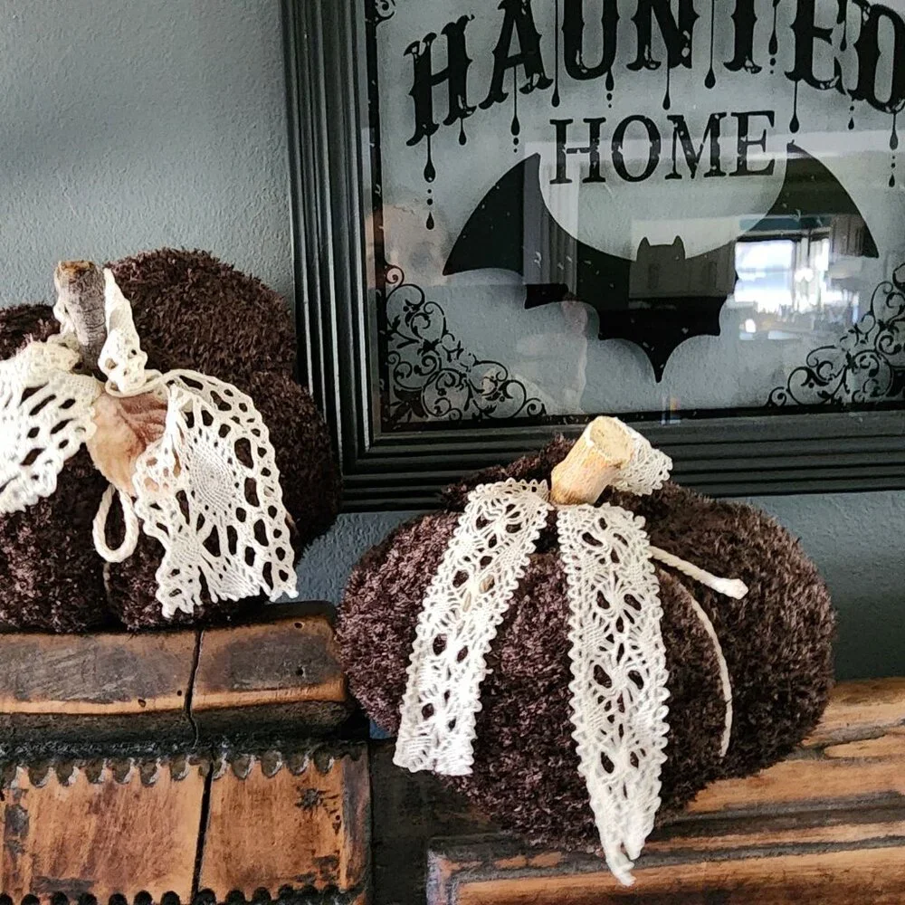 Knit Sweater Pumpkin Pillow Pouf, Upcycled Brown Chenille with Vintage Lace - Picture 4 of 9